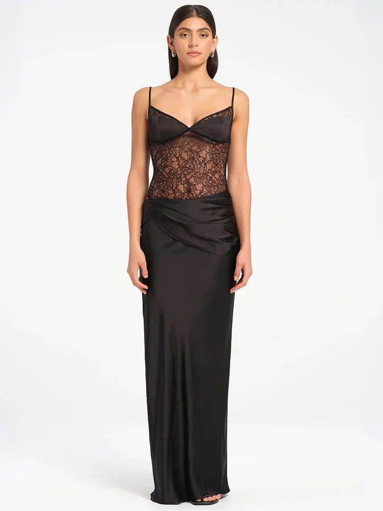 Mozision Spaghetti Strap Backless Sexy Maxi Dress Women Black Lace See Through Sleeveless High Waist Bodycon Club Party Dresses