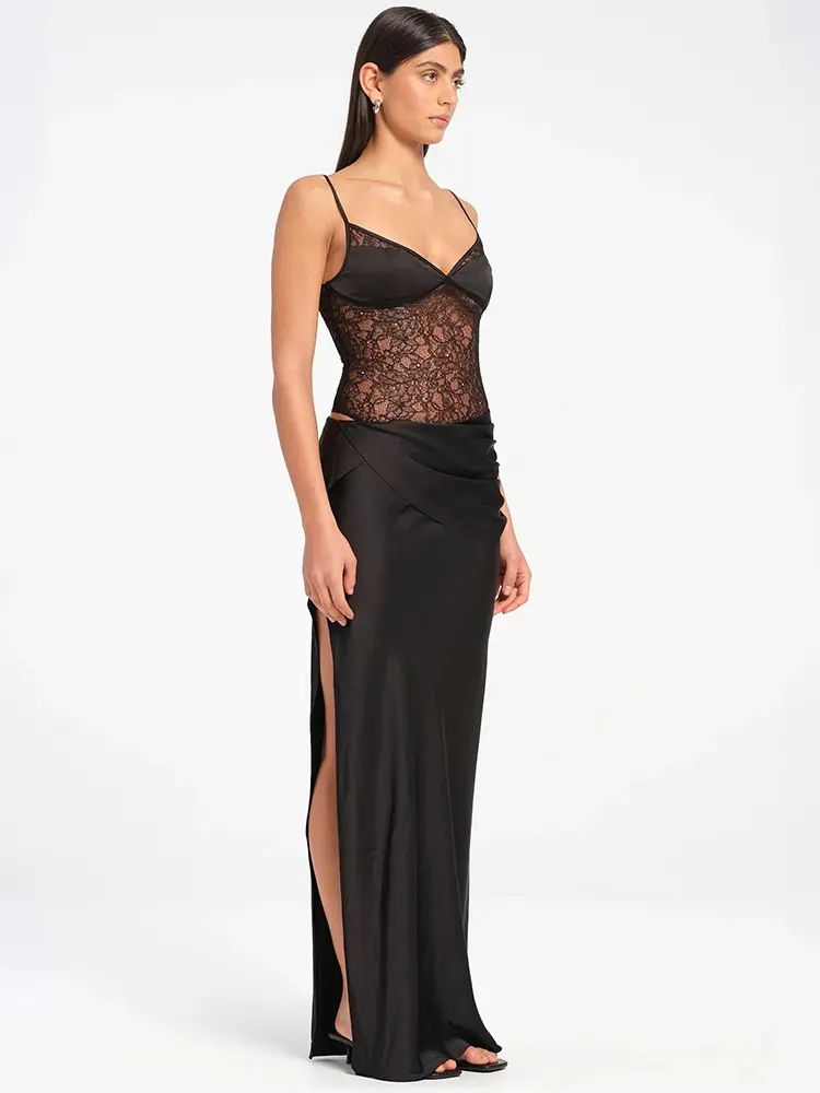 Mozision Spaghetti Strap Backless Sexy Maxi Dress Women Black Lace See Through Sleeveless High Waist Bodycon Club Party Dresses