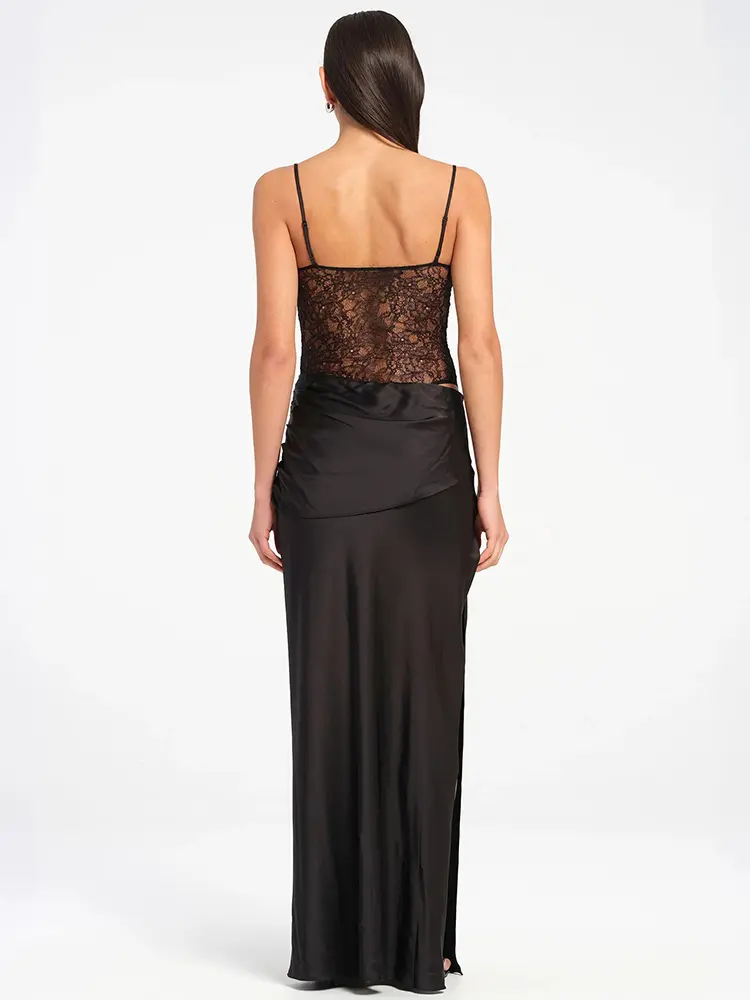 Mozision Spaghetti Strap Backless Sexy Maxi Dress Women Black Lace See Through Sleeveless High Waist Bodycon Club Party Dresses