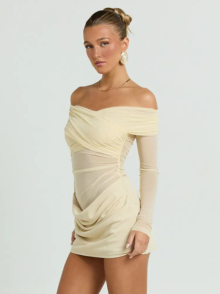 Mozision Off-shoulder Long Sleeve Sexy Mini Dress Women Fashion Strapless Backless Ruched Skinny Club Party Dress Female New