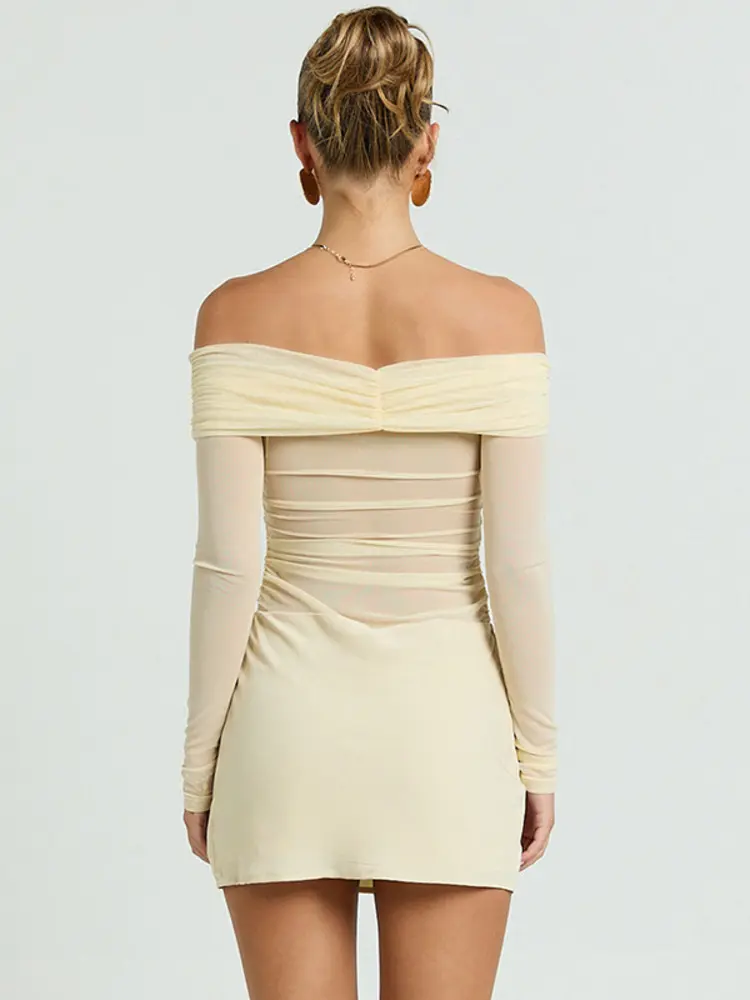 Mozision Off-shoulder Long Sleeve Sexy Mini Dress Women Fashion Strapless Backless Ruched Skinny Club Party Dress Female New