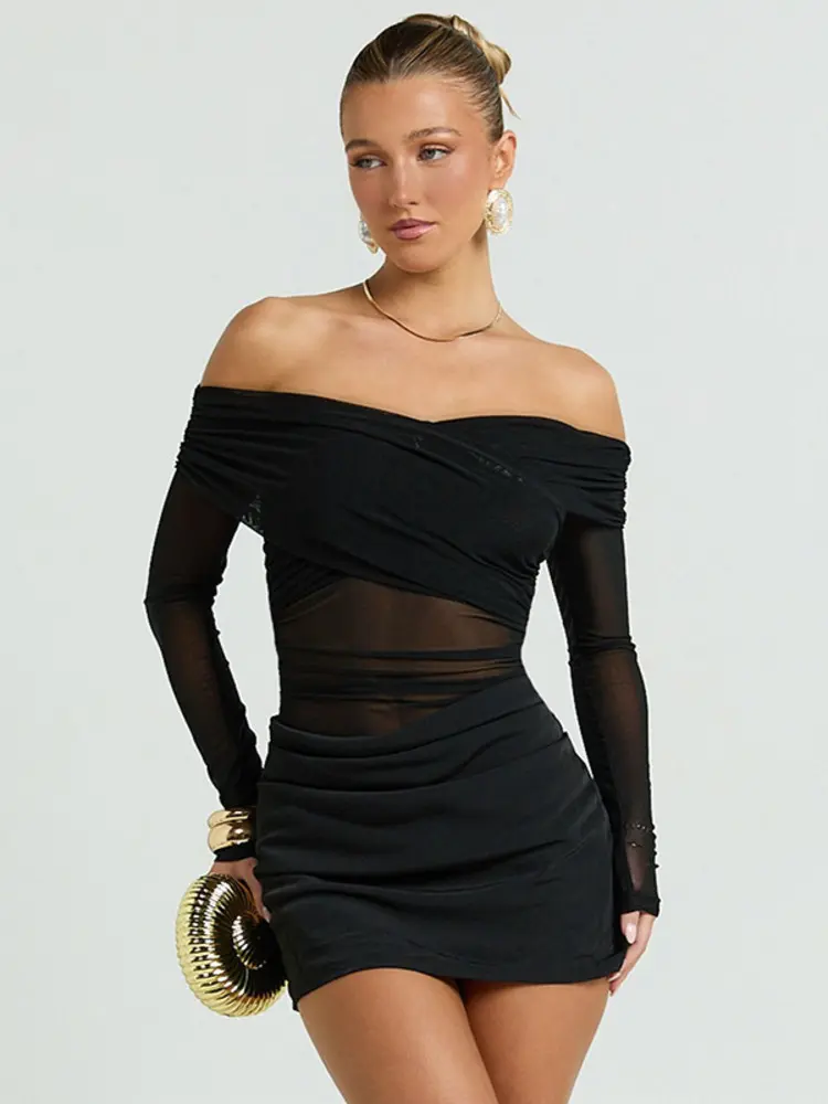 Mozision Off-shoulder Long Sleeve Sexy Mini Dress Women Fashion Strapless Backless Ruched Skinny Club Party Dress Female New