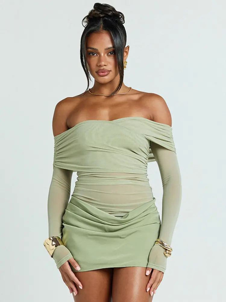 Mozision Off-shoulder Long Sleeve Sexy Mini Dress Women Fashion Strapless Backless Ruched Skinny Club Party Dress Female New