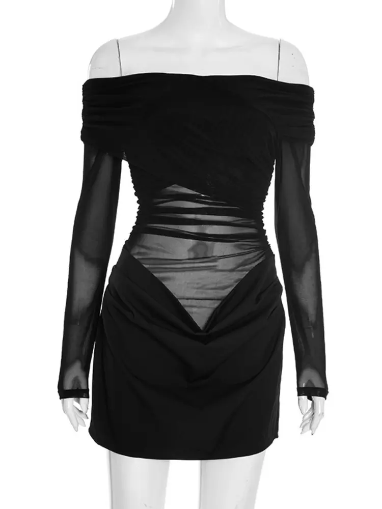 Mozision Off-shoulder Long Sleeve Sexy Mini Dress Women Fashion Strapless Backless Ruched Skinny Club Party Dress Female New