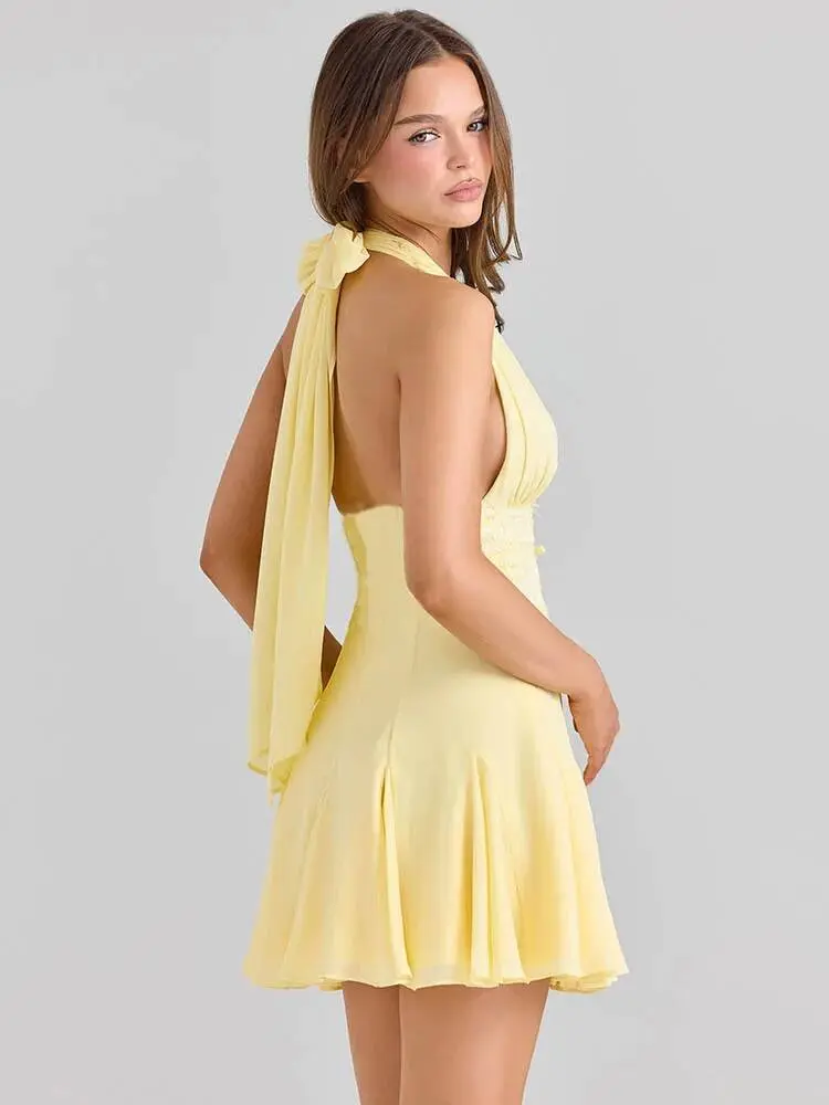 Mozision Halter Backless Sexy Mini Dress Women Robe Lace V Neck Off-shoulder Sleeveless High Waist A-line Club Party Dresses