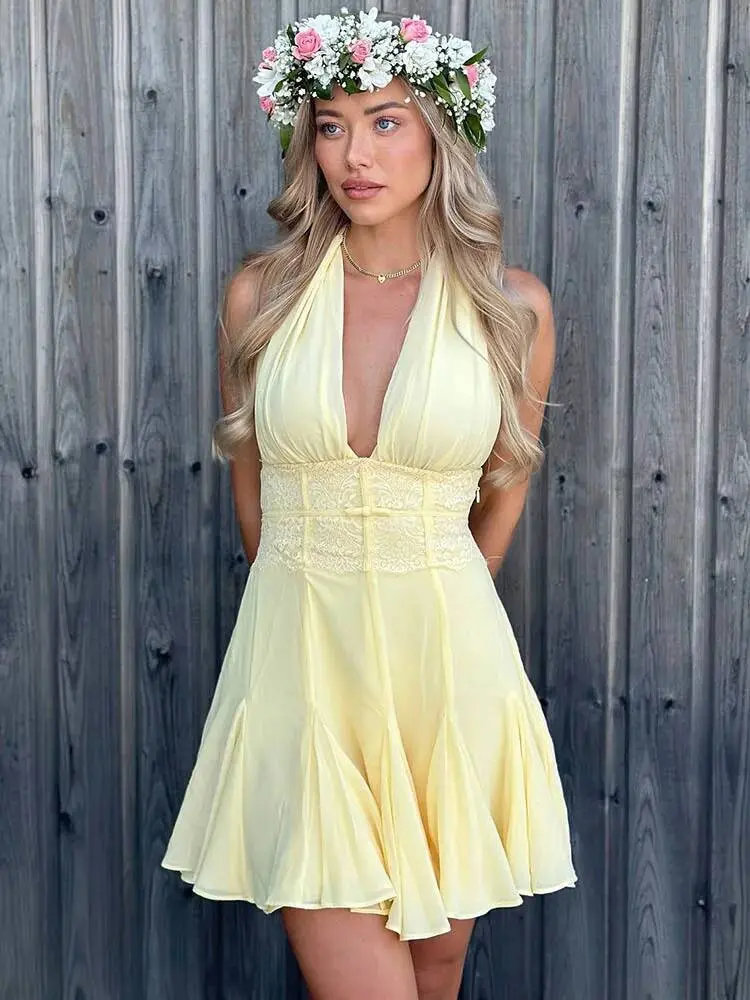Mozision Halter Backless Sexy Mini Dress Women Robe Lace V Neck Off-shoulder Sleeveless High Waist A-line Club Party Dresses