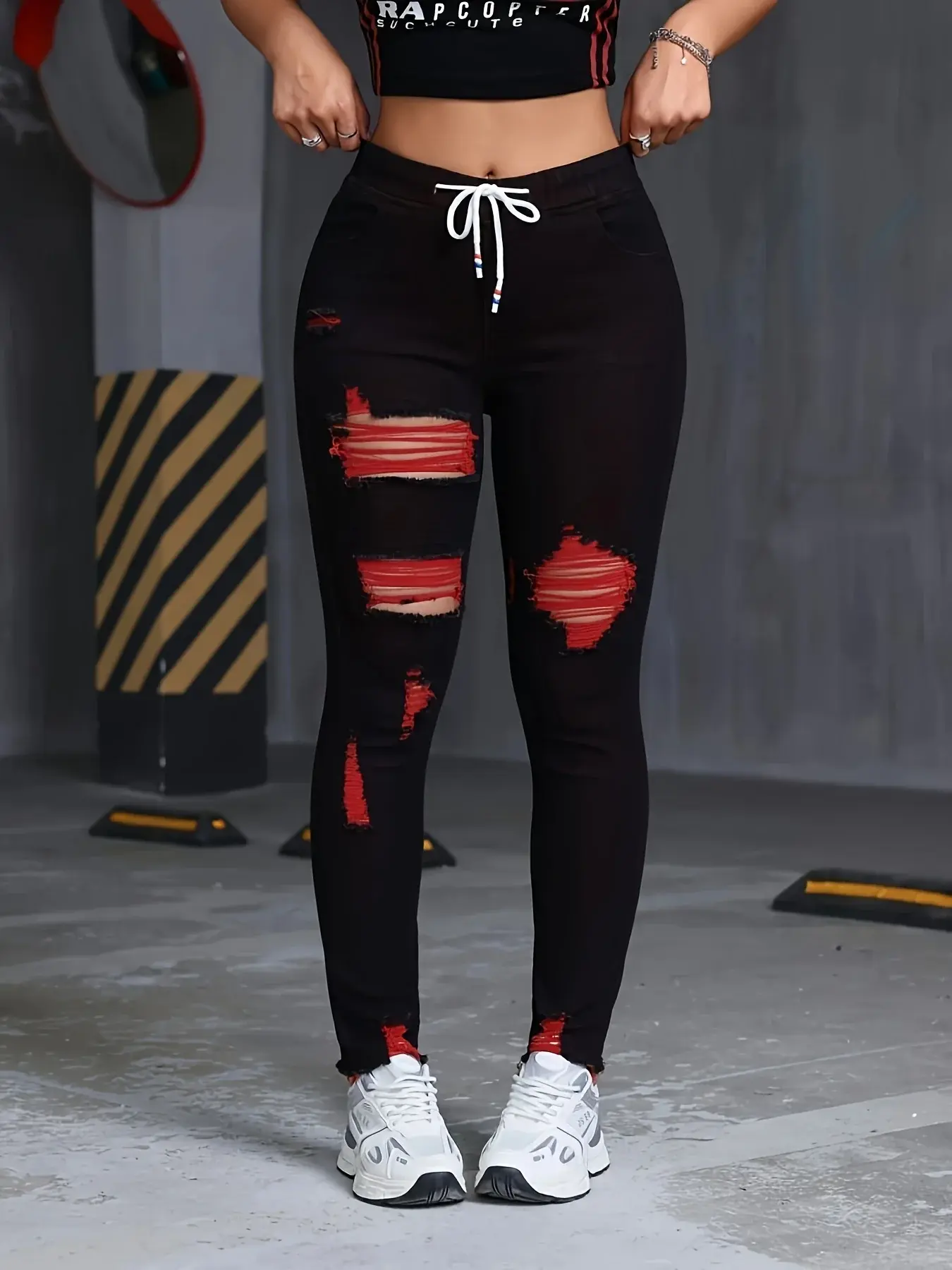 Women's Stretch Jeans Elastic Waist Drawstring Elegant Distressed Red Skinny Personalized Designer Style Suitable