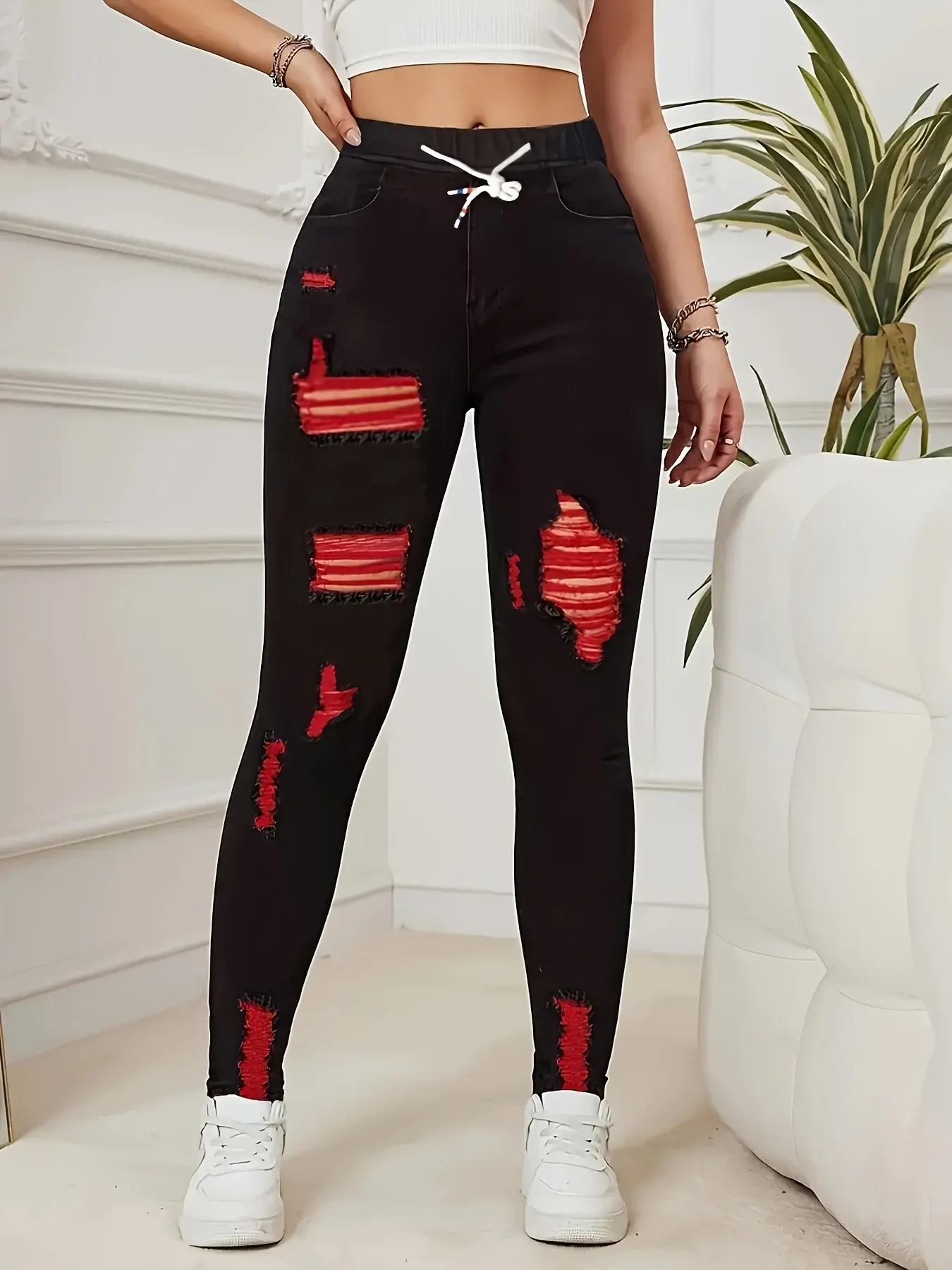 Women's Stretch Jeans Elastic Waist Drawstring Elegant Distressed Red Skinny Personalized Designer Style Suitable