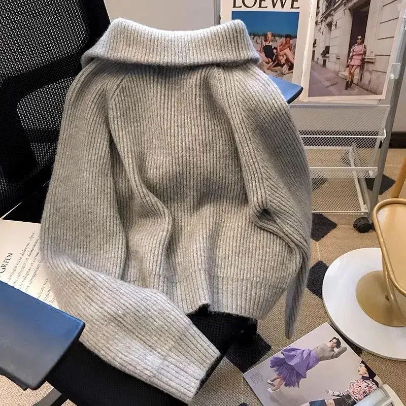 Autumn Winter 2024 Double Zipper Vintage Flip Collar Women Knitted Cardigan Sweater Jacket Student Korean Version Ladies Top