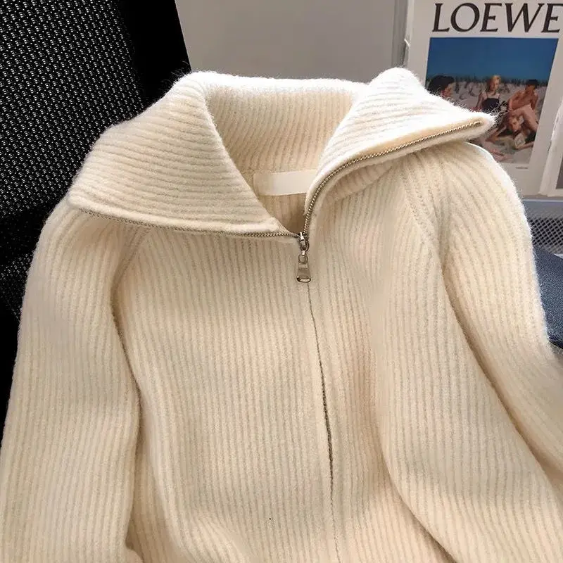Autumn Winter 2024 Double Zipper Vintage Flip Collar Women Knitted Cardigan Sweater Jacket Student Korean Version Ladies Top