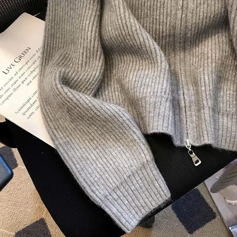 Autumn Winter 2024 Double Zipper Vintage Flip Collar Women Knitted Cardigan Sweater Jacket Student Korean Version Ladies Top