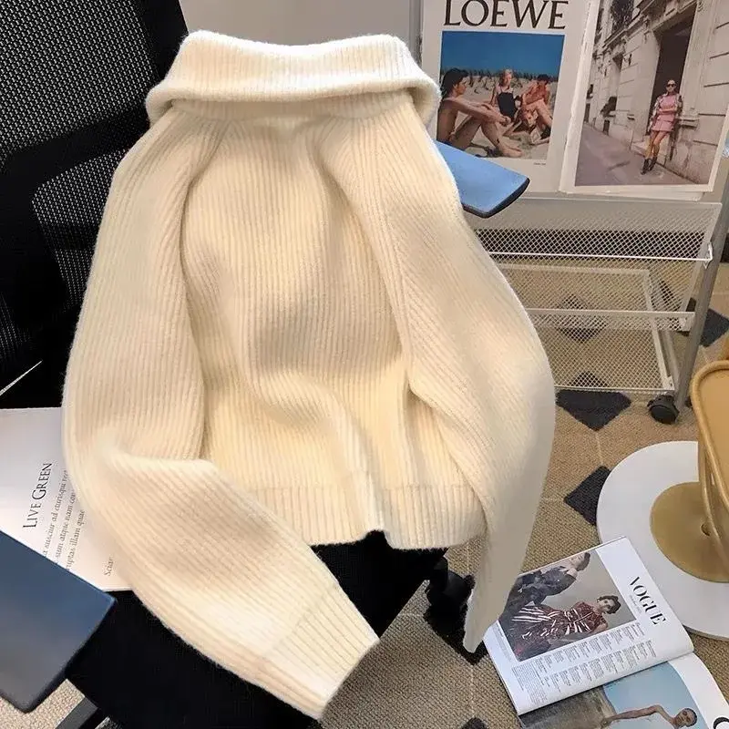 Autumn Winter 2024 Double Zipper Vintage Flip Collar Women Knitted Cardigan Sweater Jacket Student Korean Version Ladies Top