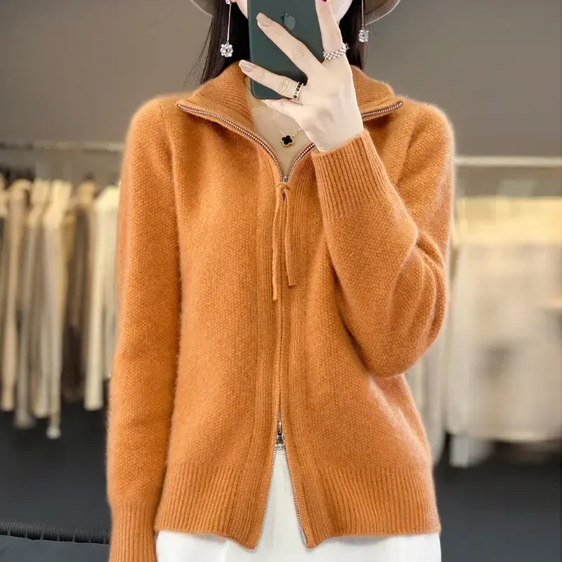 Knitted cardigan autumn and winter new style casual fashion lazy style double zipper sweater women's design sense wide cardigan