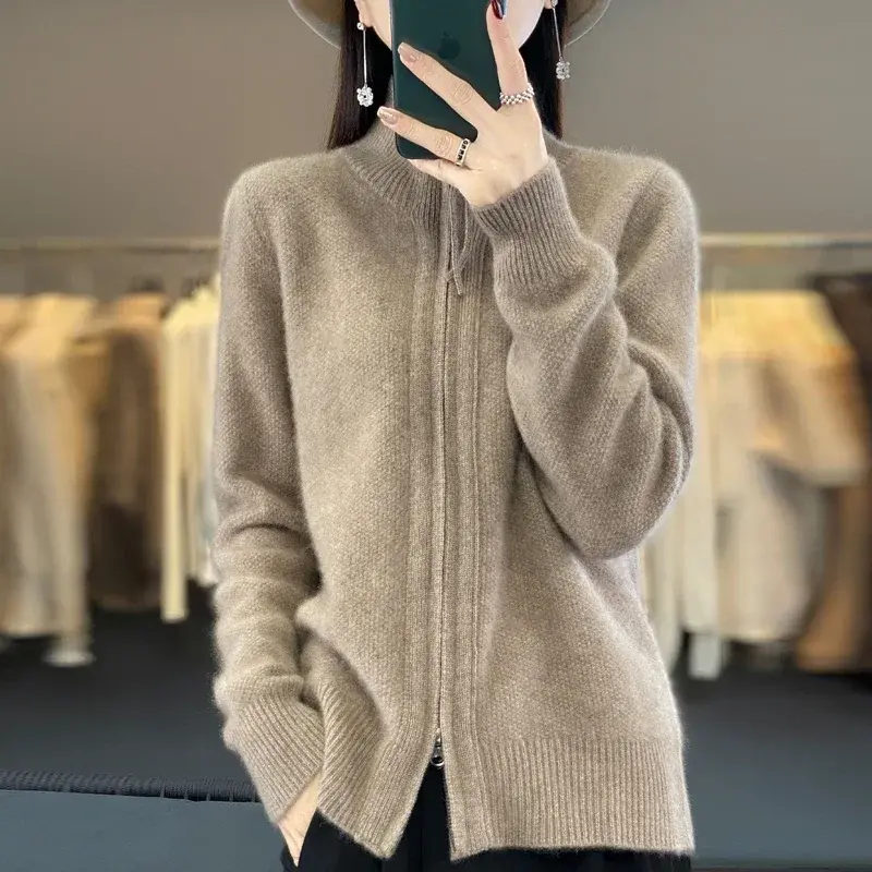 Knitted cardigan autumn and winter new style casual fashion lazy style double zipper sweater women's design sense wide cardigan