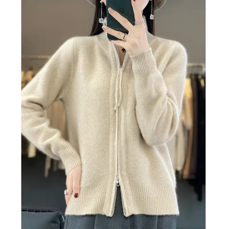 Knitted cardigan autumn and winter new style casual fashion lazy style double zipper sweater women's design sense wide cardigan