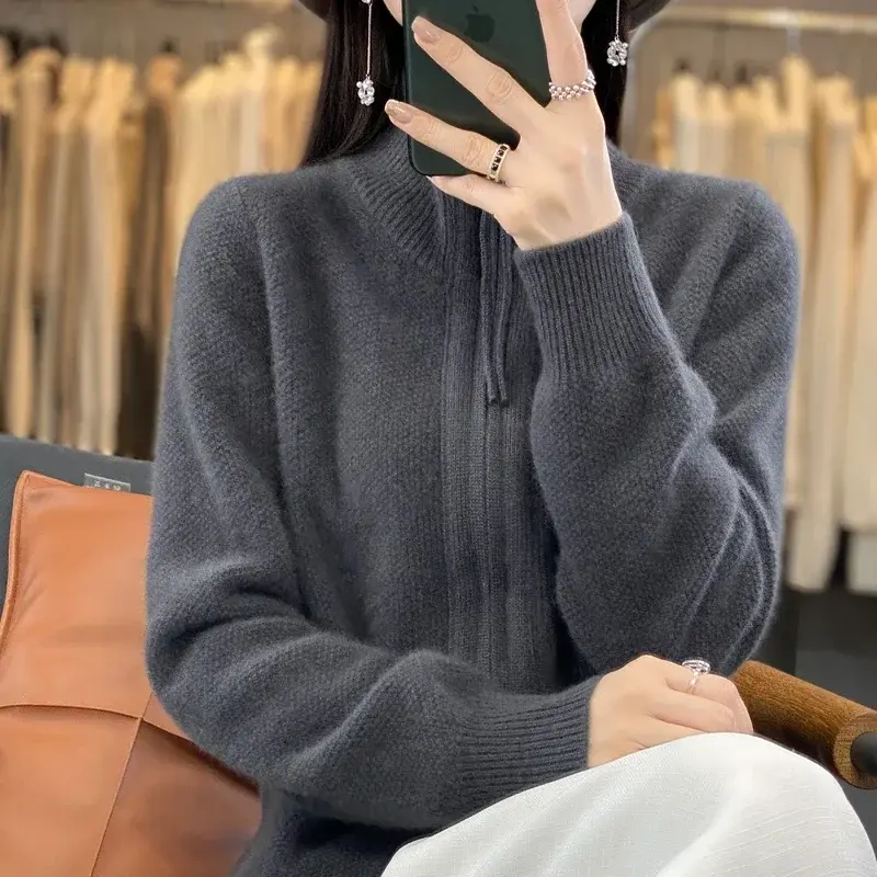 Knitted cardigan autumn and winter new style casual fashion lazy style double zipper sweater women's design sense wide cardigan
