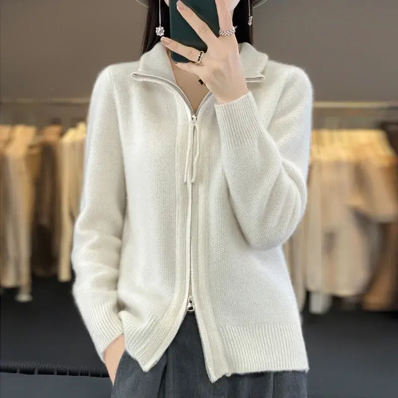 Knitted cardigan autumn and winter new style casual fashion lazy style double zipper sweater women's design sense wide cardigan