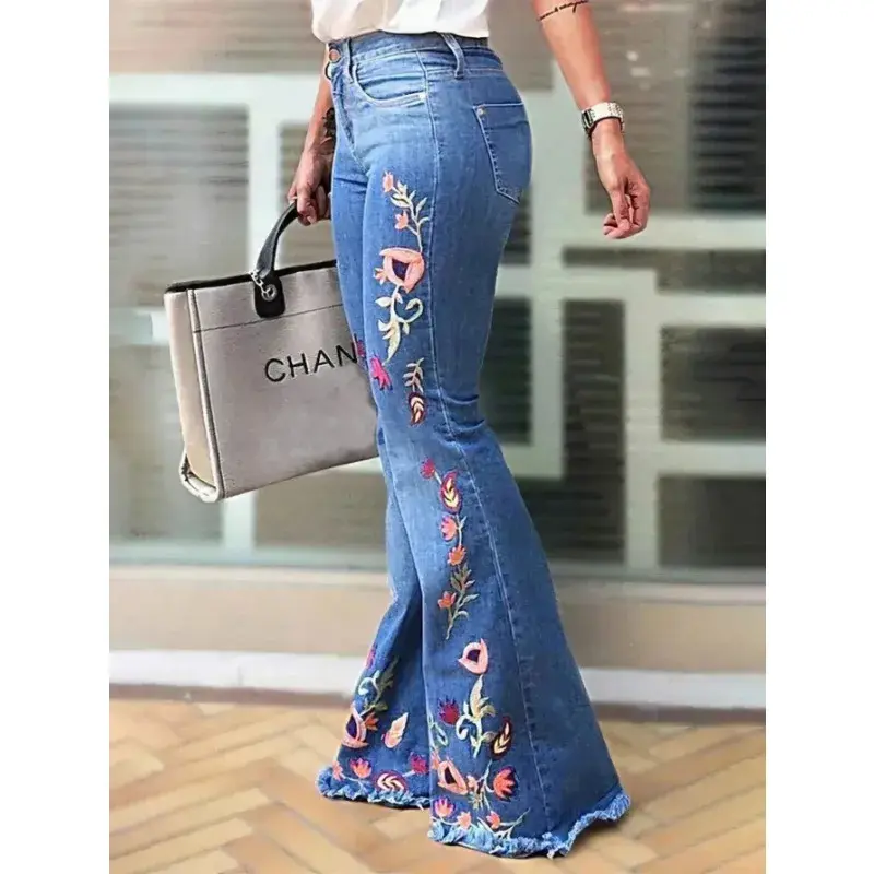 Women's High Stretch Flared Jeans - Bell Bottom Denim Pants with Embroidery Details Comfortable Elastic Waist Trousers