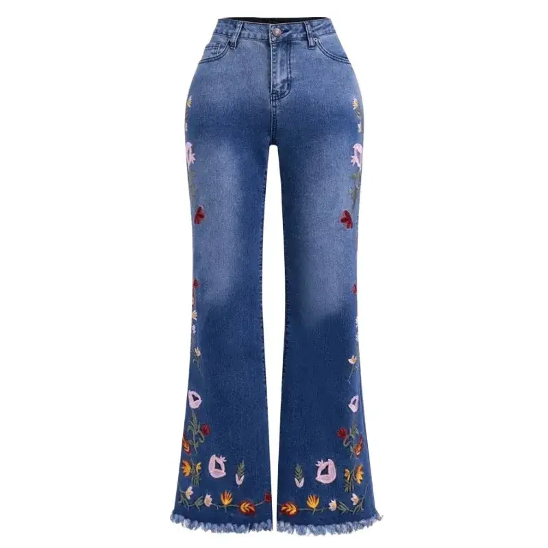 Women's High Stretch Flared Jeans - Bell Bottom Denim Pants with Embroidery Details Comfortable Elastic Waist Trousers