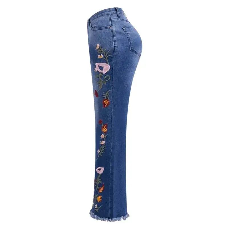 Women's High Stretch Flared Jeans - Bell Bottom Denim Pants with Embroidery Details Comfortable Elastic Waist Trousers