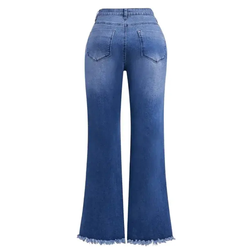 Women's High Stretch Flared Jeans - Bell Bottom Denim Pants with Embroidery Details Comfortable Elastic Waist Trousers