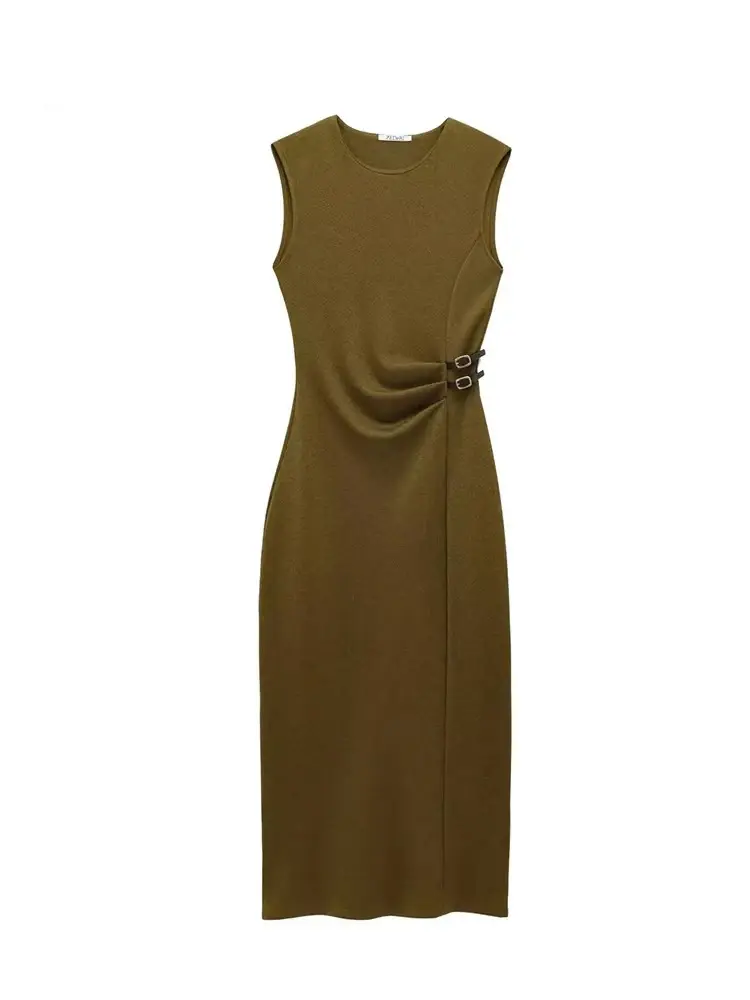 Fashion Women Pleated Dress 2025 Spring Summer Fashion O-neck Sleeveless Chic Pleated Dress Causal Party Dress