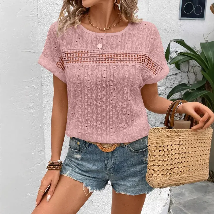Women's Summer Blouse Fashion Elegant Short Sleeve Hollow Out Shirts Casual Solid O-Neck Loose Shirt Plus Size Tops 2025 Clothes