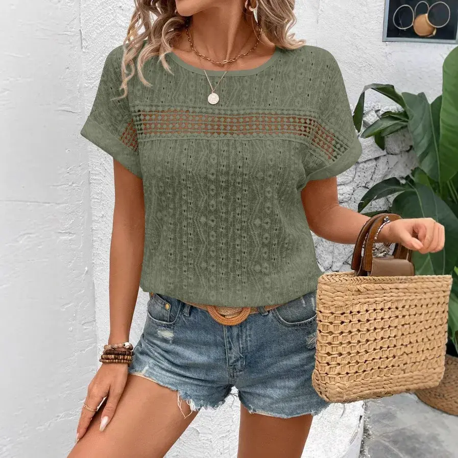 Women's Summer Blouse Fashion Elegant Short Sleeve Hollow Out Shirts Casual Solid O-Neck Loose Shirt Plus Size Tops 2025 Clothes