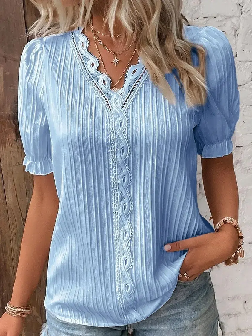 Women's Shirt Blouse Yellow-green Violets White Plain Lace Short Sleeve Casual Basic V Neck Regular Pullover