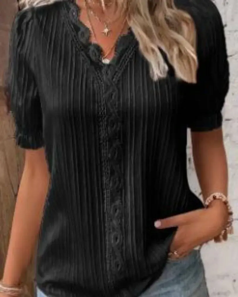 Women's Shirt Blouse Yellow-green Violets White Plain Lace Short Sleeve Casual Basic V Neck Regular Pullover