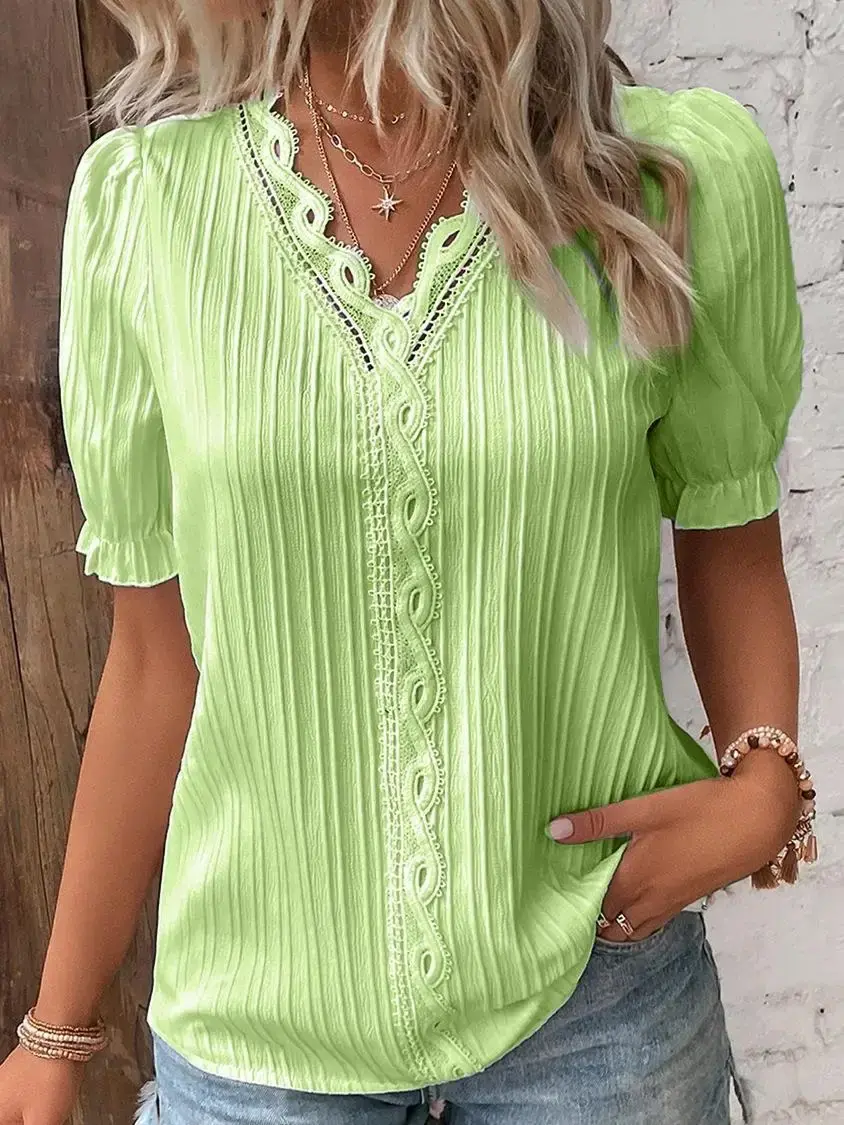 Women's Shirt Blouse Yellow-green Violets White Plain Lace Short Sleeve Casual Basic V Neck Regular Pullover