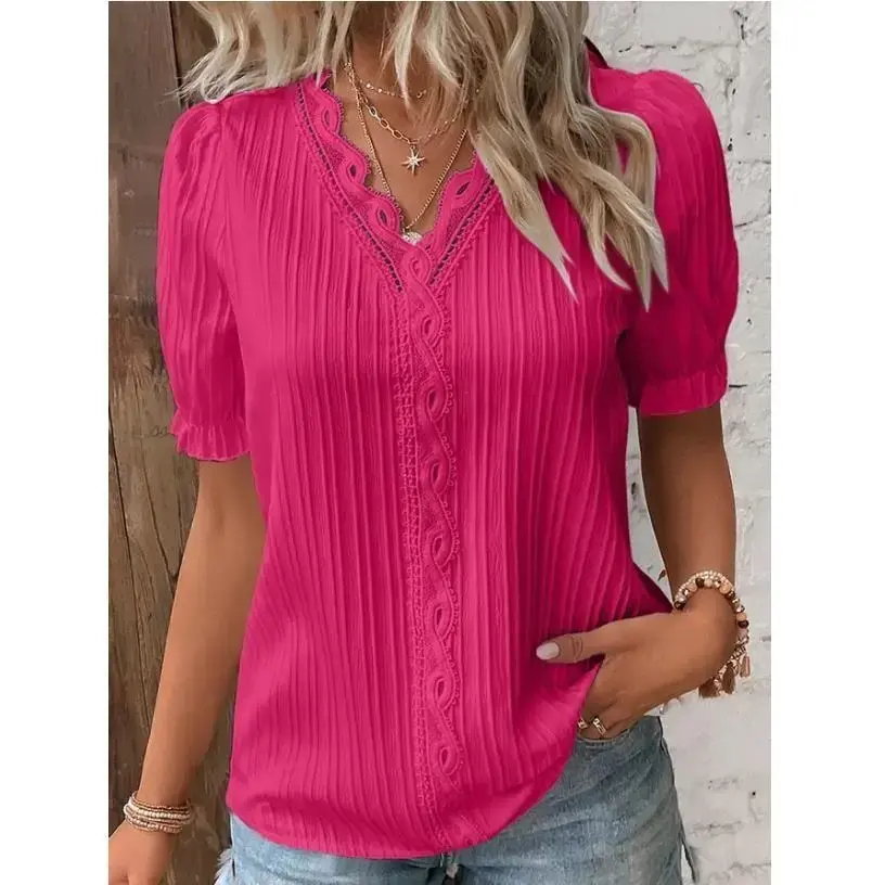 Women's Shirt Blouse Yellow-green Violets White Plain Lace Short Sleeve Casual Basic V Neck Regular Pullover