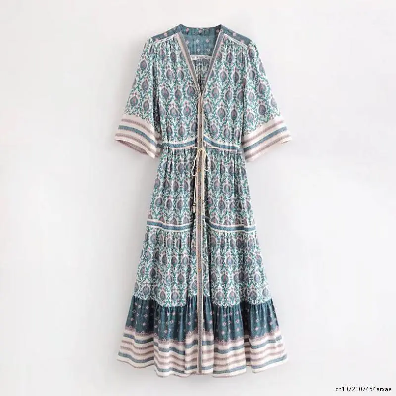Women Dresses V-neck slimming and hollow printing flower long skirt Drawstring Waist Bohemian Vintage Dresses
