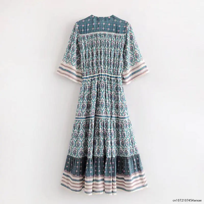 Women Dresses V-neck slimming and hollow printing flower long skirt Drawstring Waist Bohemian Vintage Dresses
