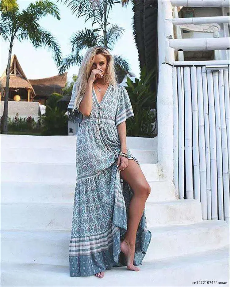 Women Dresses V-neck slimming and hollow printing flower long skirt Drawstring Waist Bohemian Vintage Dresses