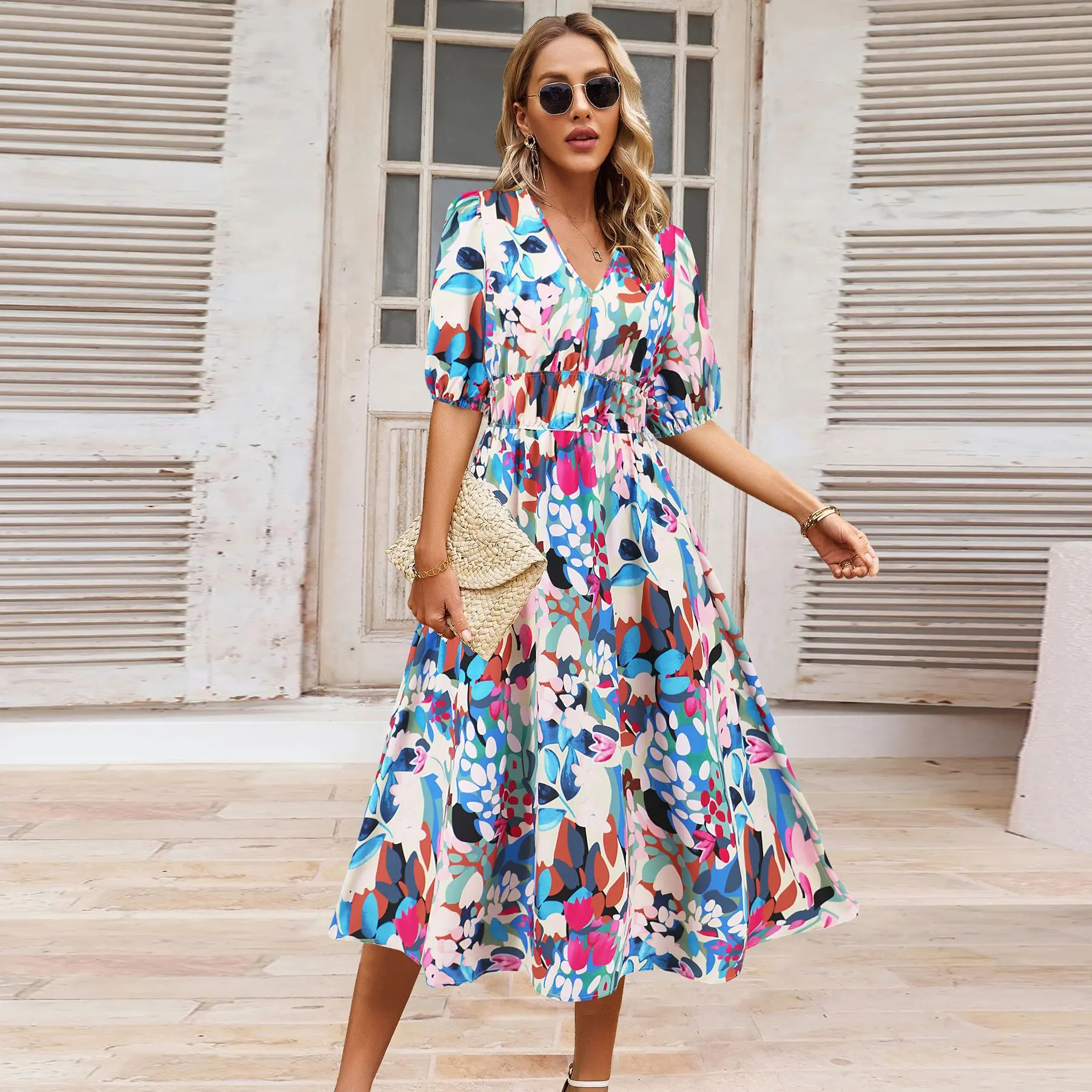 Women's Dress V-neck Printed Short Sleeve Elastic Waist Loose A-line Long Dress Boho Style Casual Fashion Holiday Beach Summer