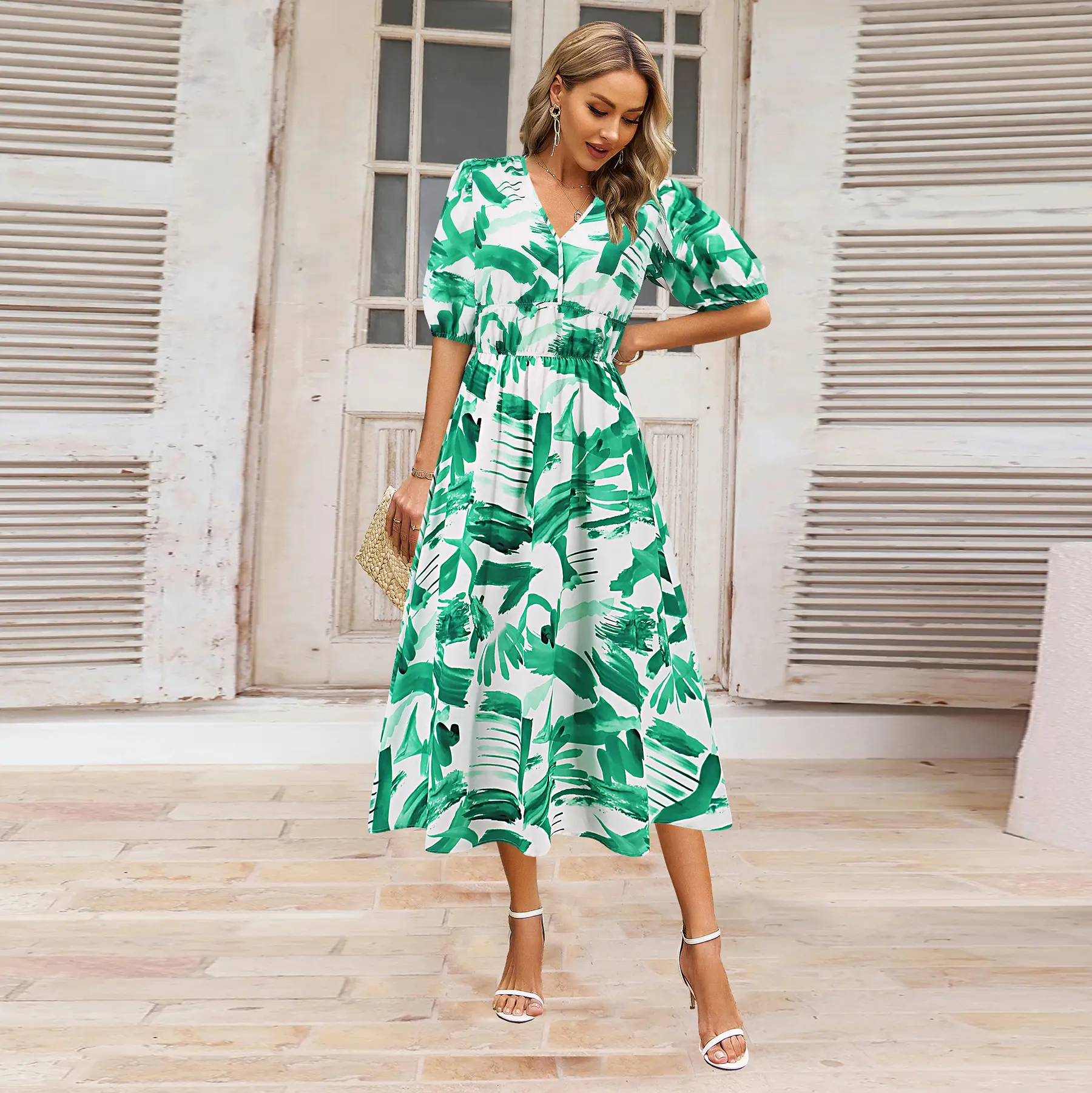 Women's Dress V-neck Printed Short Sleeve Elastic Waist Loose A-line Long Dress Boho Style Casual Fashion Holiday Beach Summer