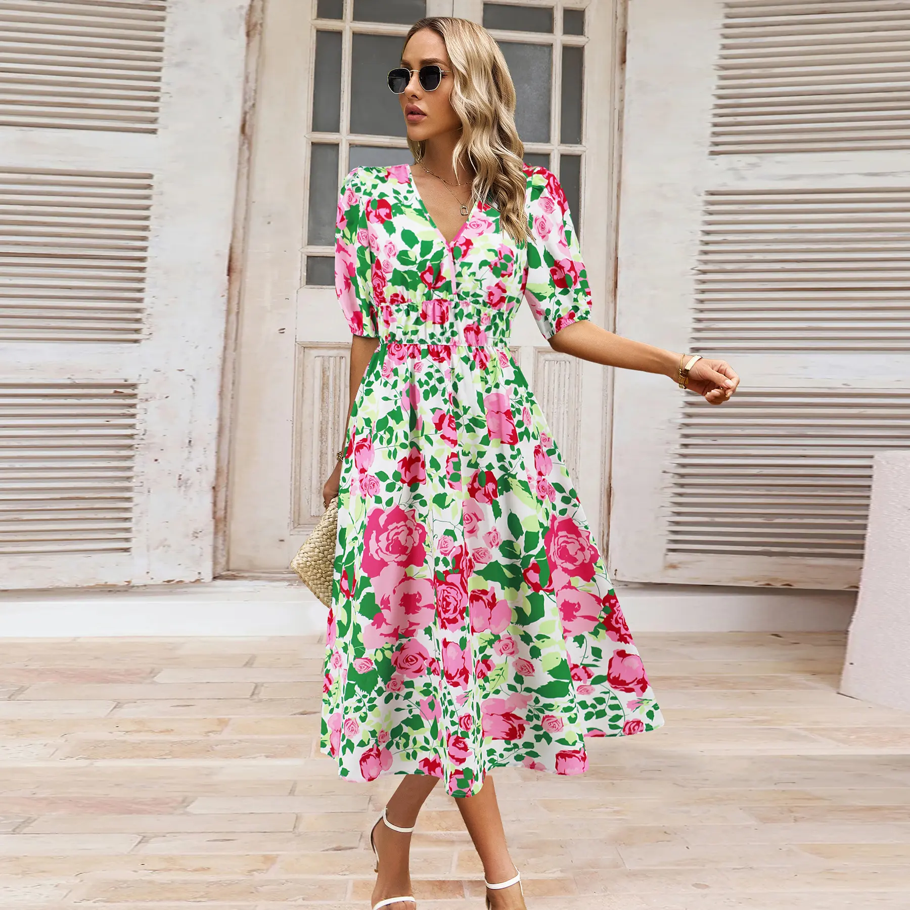 Women's Dress V-neck Printed Short Sleeve Elastic Waist Loose A-line Long Dress Boho Style Casual Fashion Holiday Beach Summer