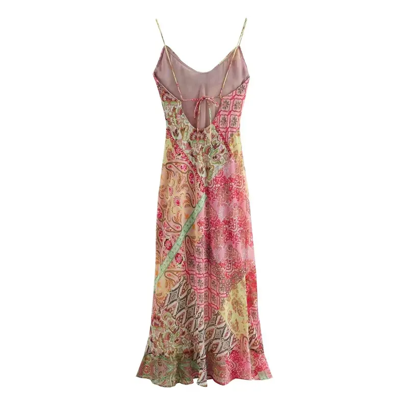Women's Slip Dress 2025 New Fashion Summer Patchwork Print Backless Dresses for Women Casual Chic Ladies Midi Dress