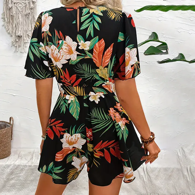 Bohemian Floral Print Short Jumpsuits For Women Summer Short Sleeve Wide Legs One Pieces  Elegant 2025 Beach Wear Casual Outfit