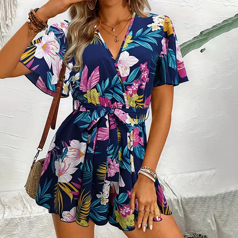 Bohemian Floral Print Short Jumpsuits For Women Summer Short Sleeve Wide Legs One Pieces  Elegant 2025 Beach Wear Casual Outfit