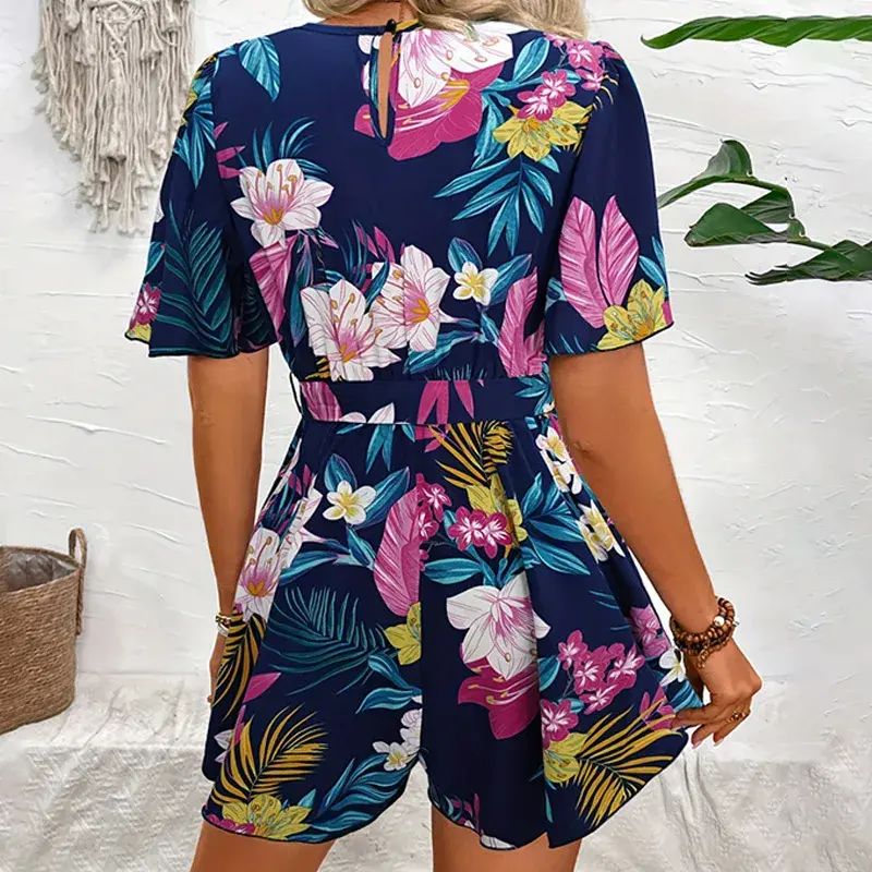 Bohemian Floral Print Short Jumpsuits For Women Summer Short Sleeve Wide Legs One Pieces  Elegant 2025 Beach Wear Casual Outfit