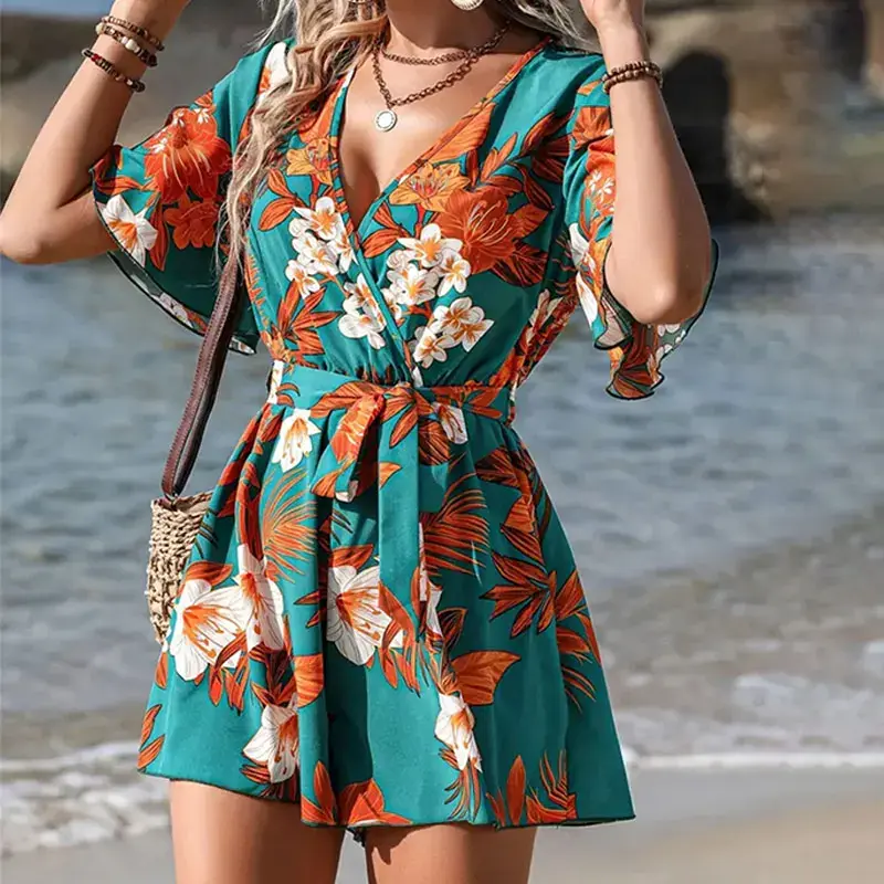 Bohemian Floral Print Short Jumpsuits For Women Summer Short Sleeve Wide Legs One Pieces  Elegant 2025 Beach Wear Casual Outfit