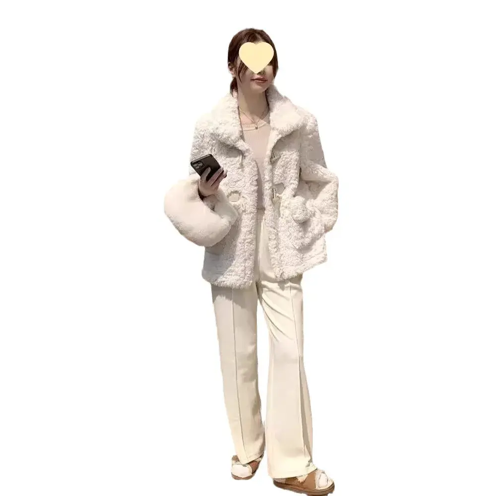 Lamb fur coat women's fur integrated autumn and winter 2024 new style with thick fleece short coat