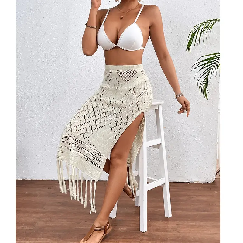Women Knitted  Skirts Sexy High Slit Tassel Cover-Up Beach Summer Vacation Wrapped Skirt Bikini Cover Up