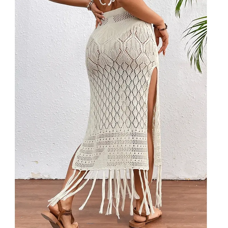 Women Knitted  Skirts Sexy High Slit Tassel Cover-Up Beach Summer Vacation Wrapped Skirt Bikini Cover Up