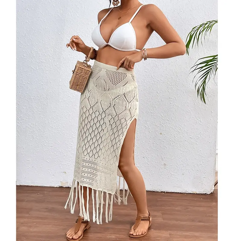 Women Knitted  Skirts Sexy High Slit Tassel Cover-Up Beach Summer Vacation Wrapped Skirt Bikini Cover Up