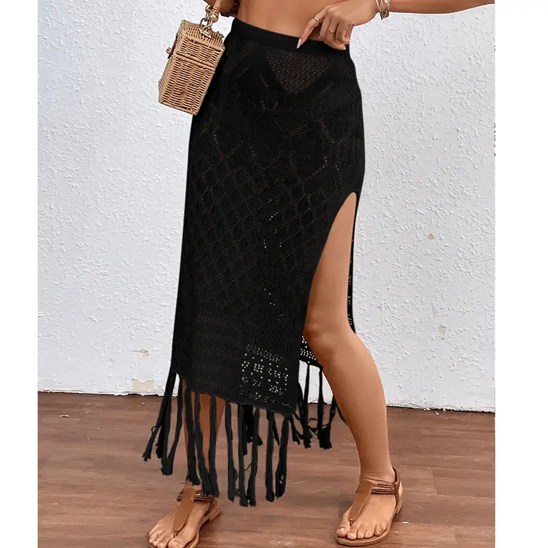 Women Knitted  Skirts Sexy High Slit Tassel Cover-Up Beach Summer Vacation Wrapped Skirt Bikini Cover Up
