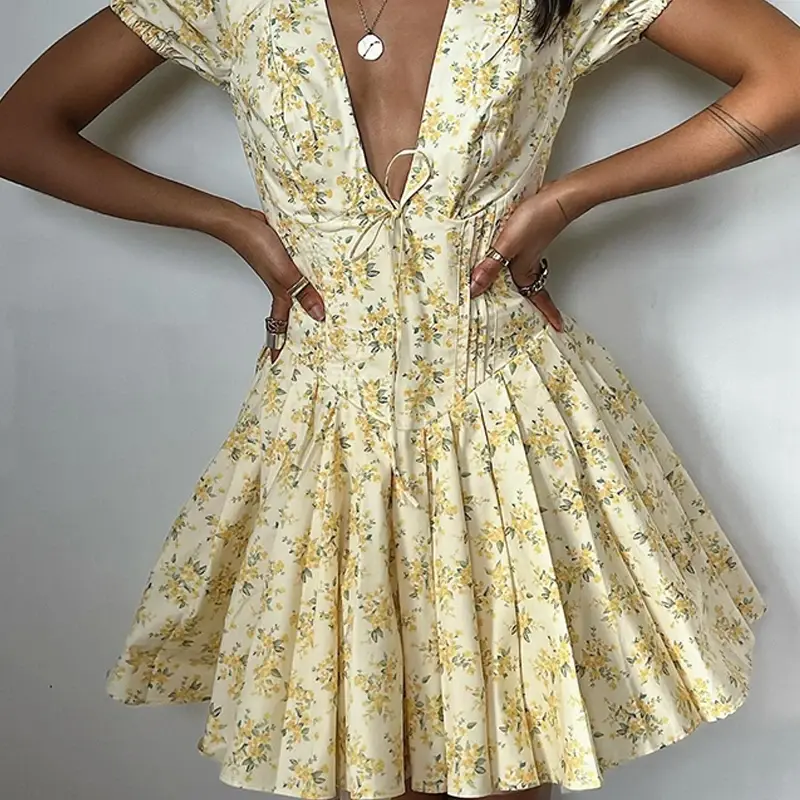 Elegant Retro Print Y2K Casual Dress Summer Short sleeved V-neck Evening Dress High Street Club Ruffled Aesthetic Dress