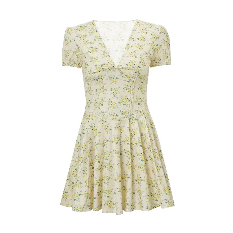 Elegant Retro Print Y2K Casual Dress Summer Short sleeved V-neck Evening Dress High Street Club Ruffled Aesthetic Dress